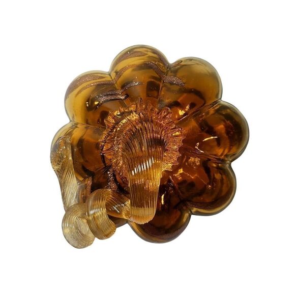 Hand Blown Art Glass Gourd Pumpkin Amber Curly Stem Gold Streaks Halloween Fall - Picture 5 of 7